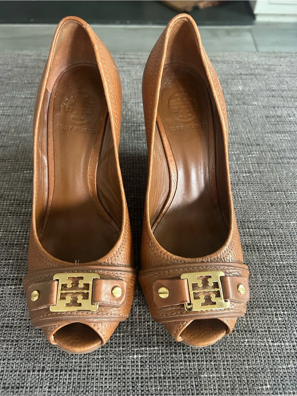 Tory Burch Women's Brown Leather Peep-Toe Wedges